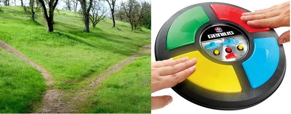 Lembra do jogo Genius? Ele gerava uma combinação de cores acendendo em uma determinada ordem e você deveria repetir a sequência. A informação é guardada no cérebro nda mesma forma: através de uma combinação de impulsos elétricos entre neurônios. Da mesma forma que um caminho feito em um campo gramado, quanto mais vezes trilhar por esse caminho, mais forte ele ficará (e quanto mais estudar, mais fixado estará o conhecimento).