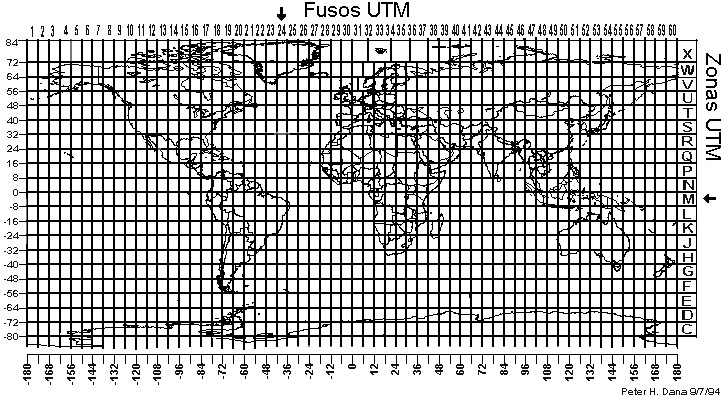 Coordenadas UTM: fusos, zonas e meridianos centrais (abaixo). As setas indicam o seguinte exemplo: o estado do Ceará está dentro do fuso 24 (meridiano central -39°), zona M