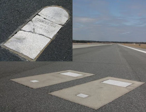 Lápides de túmulos sob a pista do aeroporto de Savannah (EUA).
