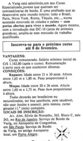 Anúncio antigo de treinamento e vagas para comissário da Varig (veja a propaganda do curso na TV no primeiro vídeo desse post, posição 15:00)