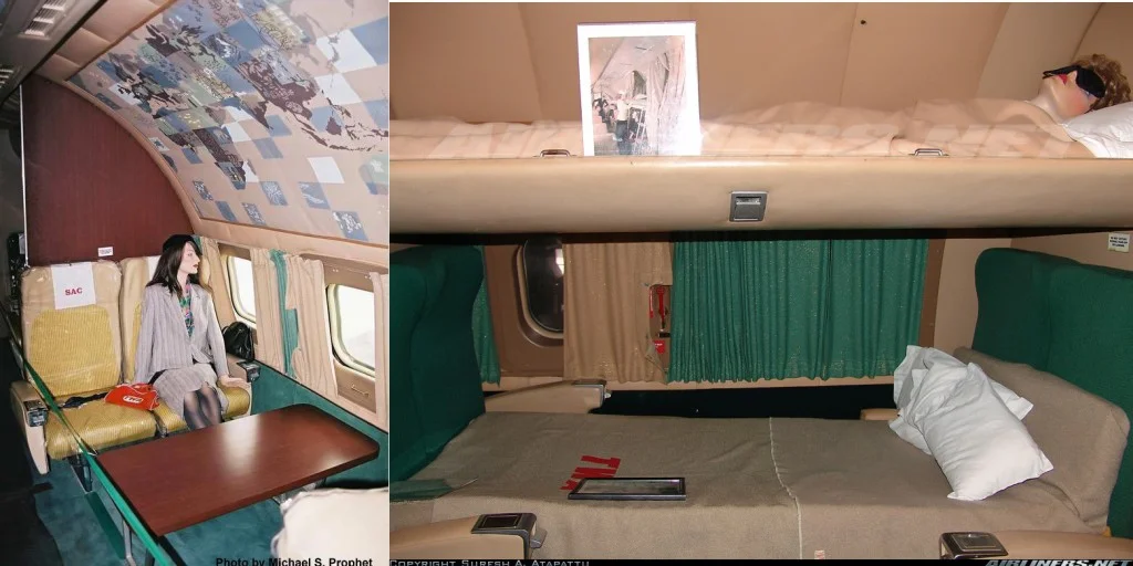 Interior do Constellation da TWA (note a amplidão de espaço; não encontrei o interior de um da Varig, mas imagino que seja semelhante). Fonte: Airliners e Connie Survivors