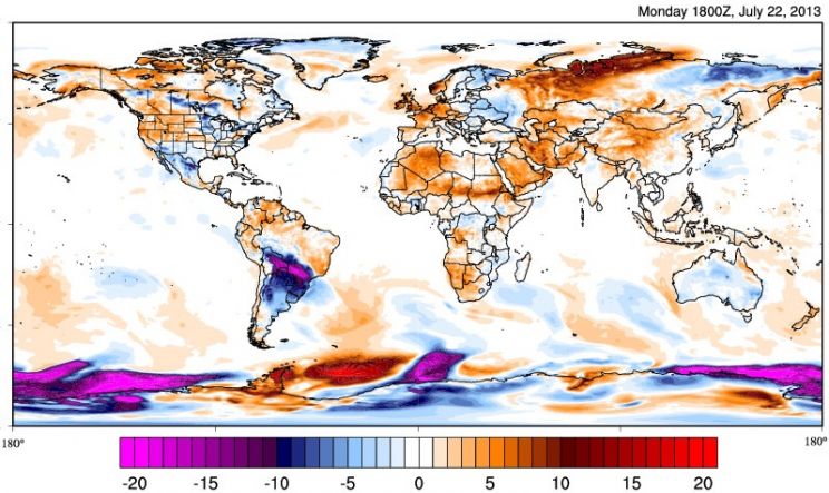 Mapa de temperaturas gerado a partir dos dados do modelo meteorológico operacional dos Estados Unidos (NOAA/NCEP), previsão para o dia 22/07/2013, que foi o dia em que o centro da América do Sul foi o lugar mais frio da Terra (com exceção da Antártida)
