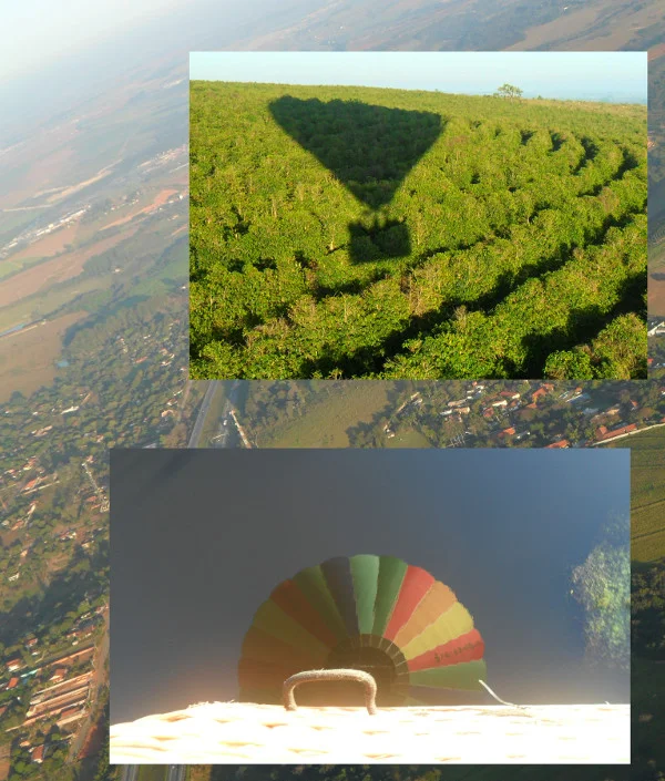 Vista da Rodovia Castelo Branco do balão em Boituva/SP. Nos detalhes, sombra de balão passando sobre cafezal e reflexo do balão em pequeno lago.