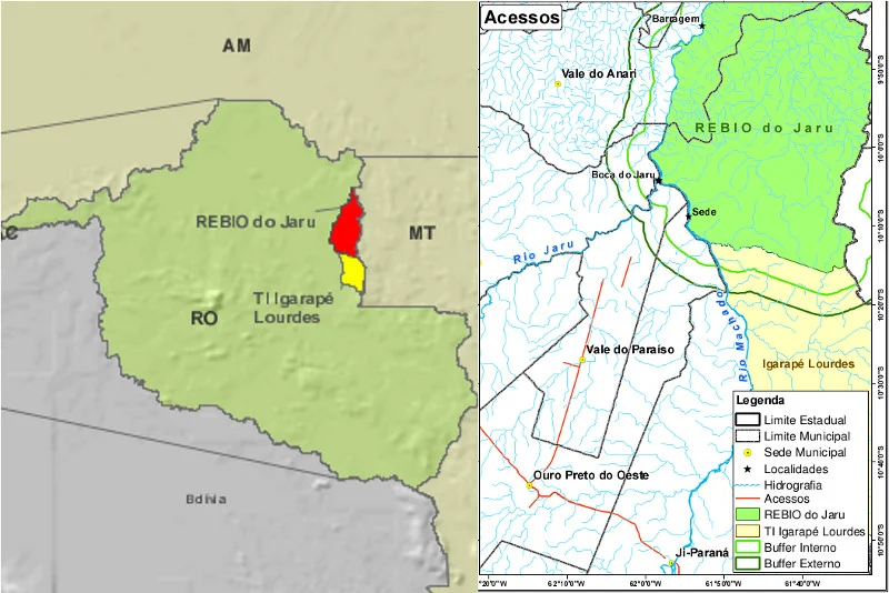 Mapa de Rondônia com a localização da Reserva Biológica do Jaru à esquerda e mapa da Reserva à direita (fonte: site do IBAMA) http://www.ibama.gov.br/phocadownload/prevfogo/plano_operativo_reserva_biolgica_do_jaru.pdf