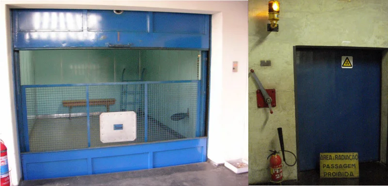 Elevador industrial e porta com 1 metro de espessura, a prova de radiação.