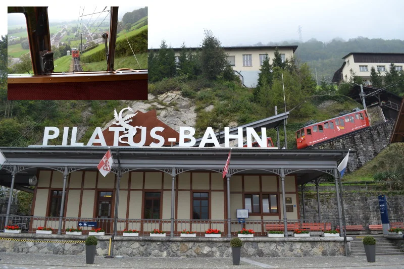 Monte Pilatus (Lucerna): Estação com locomotiva (no detalhe, a vista do início da subida).