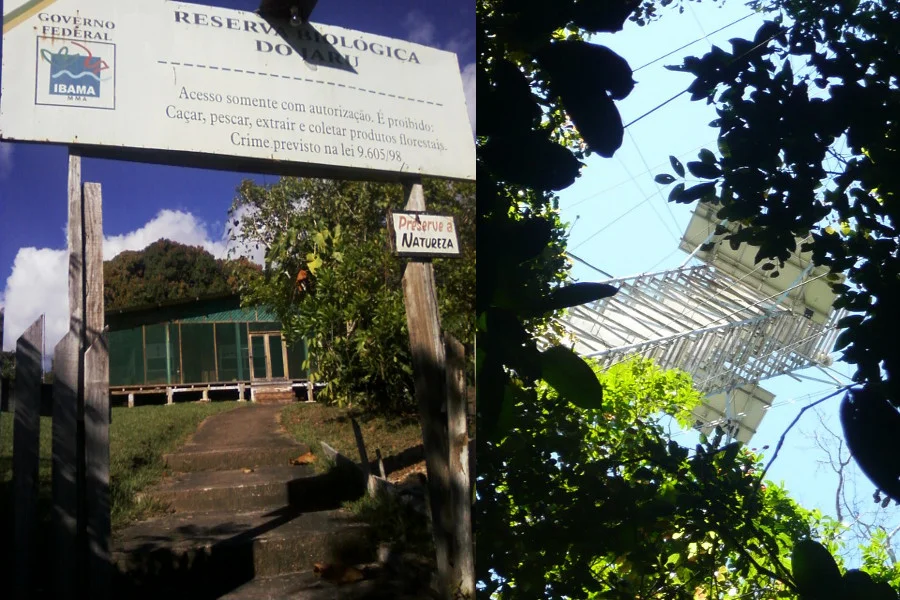 Entrada da sede da Rebio Jaru e torre micrometeorológica.