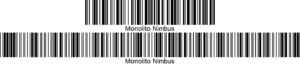 As palavras "Monolito Nimbus" escritas em formato de código de barras (usando código 128 e 39 "Full ASCII", respectivamente) através do site Tec-it