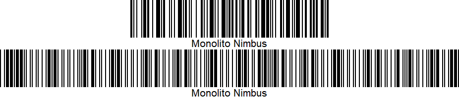 As palavras "Monolito Nimbus" escritas em formato de código de barras (usando código 128 e 39 "Full ASCII", respectivamente) através do site Tec-it