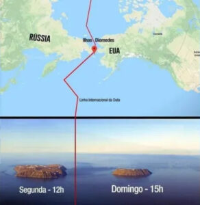 Arte com mapa e fotografia aŕea das ilhas Diomedes: 21 horas de diferença entre os fusos horários. Fonte: aRede