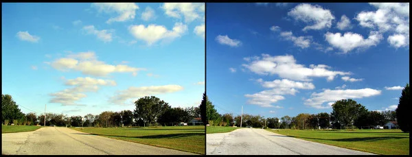 Os efeitos do polarizador no céu em uma fotografia colorida. A figura da direita foi feita com o auxílio de um filtro polarizador, enquanto a foto da esquerda não contou com o aparato. (PiccoloNamek)