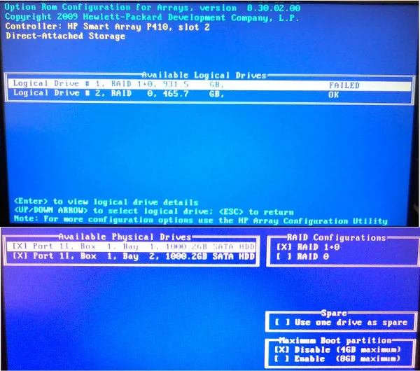 Tela de setup da controladora, mostrando um RAID 1+0 defeituoso e abaixo outra tela de construção do RAID com dois HDs de 1 TB.