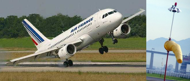 Aeronave pousando (ou não) em situação de tesoura de vento (eqsuerda) e biruta de aeroporto, que indica a direção/intensidade do vento