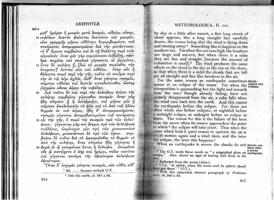 Imagem do livro "Meteorológica", de Aristóteles, no original em grego (esquerda) e traduzido para o inglês.
