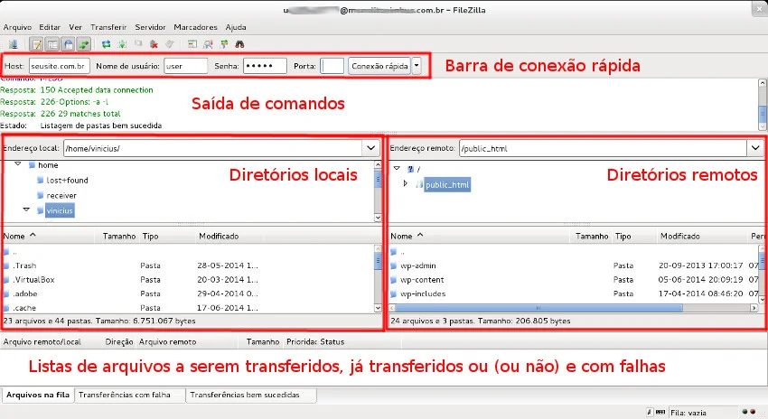 Tela do programa de transferência FTP FileZilla.