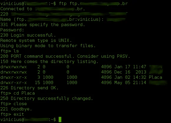 Tela com exemplo de uso do ftp em terminal Linux.