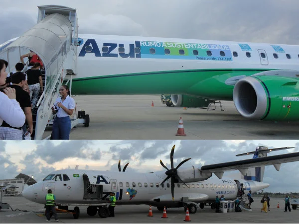 Avião Embraer (acima, com pintura celebrando uso de biocombustível) e ATR (empenagem com pintura da TRIP) da Azul. Fotos: ViniRoger.