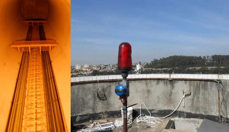 Interior da caixa d'água (com escada marinheiro e vista do topo (sinalizador de topo com fotocélula cor rubi e fábrica de vidros ao fundo).