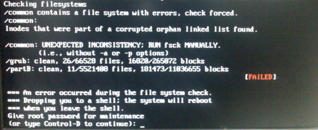 Erro durante checagem de arquivos na inicialização de sistema, onde o usuário deverá digitar a senha do root para entrar no modo de manutenção usando linha de comando (prompt) em modo "single user". Verifique a partição em que ocorreu o erro e realize o fsck nela.