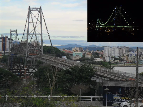 Ponte Hercílio Luz (em detalhe, a mesma ponte com iluminação noturna). Foto: ViniRoger.