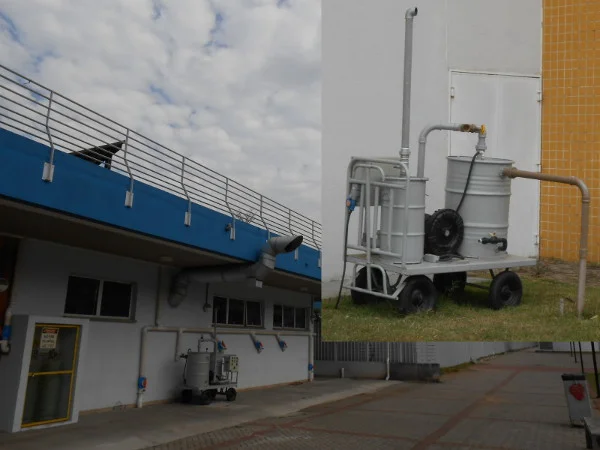 Equipamentos bombeiam ar para dentro do solo para expulsar o gás metano de seu interior.