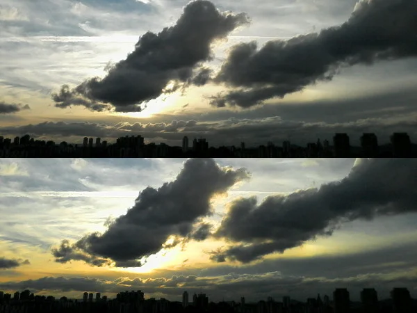 Antes e depois da aplicação do efeito para valorizar o amarelo do pôr do sol no Gimp. Foto: ViniRoger.