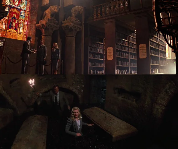 Cenas do filme "Indiana Jones e a ùltima Cruzada" no interior da biblioteca (com vitral) e das catacumbas: não existem em Veneza.