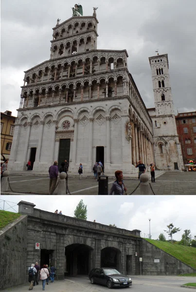 Igreja de San Michele e um dos portões de entrada do centro murado de Lucca (vista por dentro, Via Giovanni Pascoli). Fotos: ViniRoger.