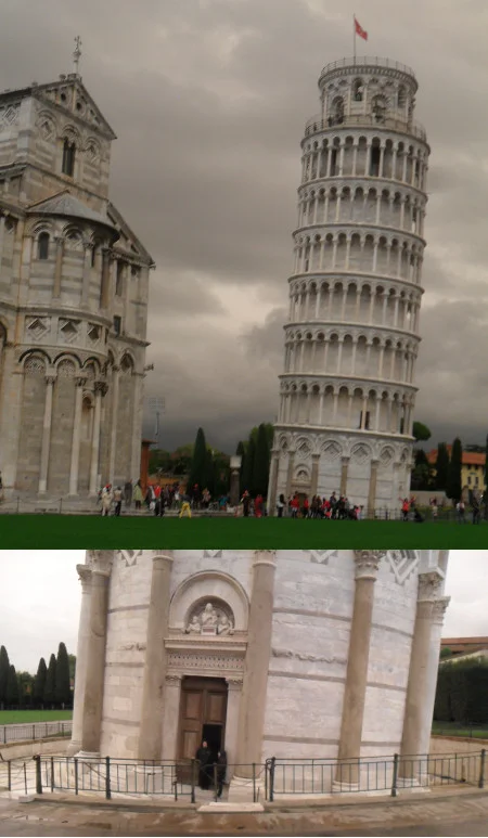 Torre inclinada de Pisa (abaixo, detalhe da base). Foto: ViniRoger.