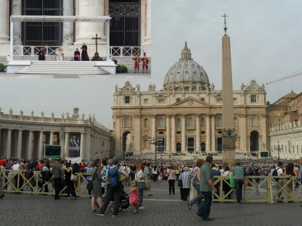 Basílica de São Pedro - no dia estava ocorrendo a Audiência geral, celebrada pelo Papa Francisco (no detalhe). Fotos: ViniRoger.