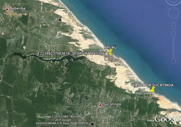 Imagem de satélite no programa Google Earth mostrando as localidades listadas acima