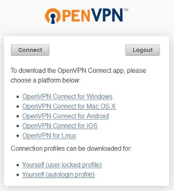 Tela de download do OpenVPN (programa e credenciais de acesso) em link de internet fornecido pelo administrador de rede para o cliente.