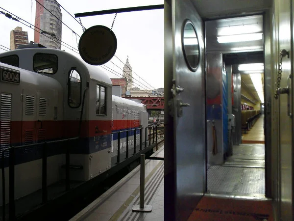 Locomotiva a diesel e interior de vagões utilizados no Expresso Turístico - detalhe para a bandeira de São Paulo na frente da locomotiva, pois era o dia de inauguração dos passeios para a população, sendo a primeira viagem realizada para Jundiaí; torre da estação Júlio Prestes ao fundo. Foto: ViniRoger.