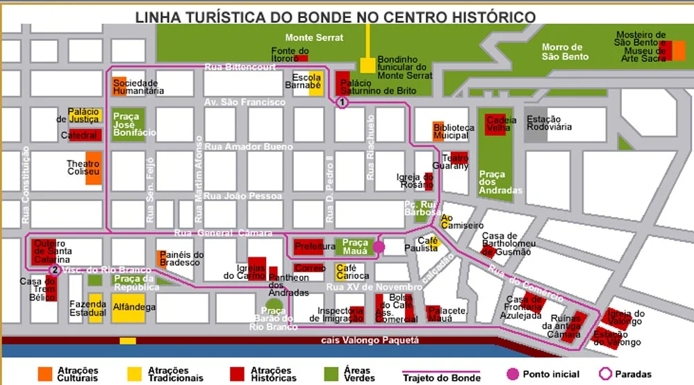 Mapa de trajeto do bonde no centro histórico de Santos. Fonte: Mapas Blog.