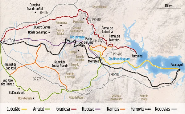 Mapa das estradas da região Curitiba - Paranaguá. Fonte: livro "As montanhas do Marumbi" dentro do especial "Ferrovia 130 anos".