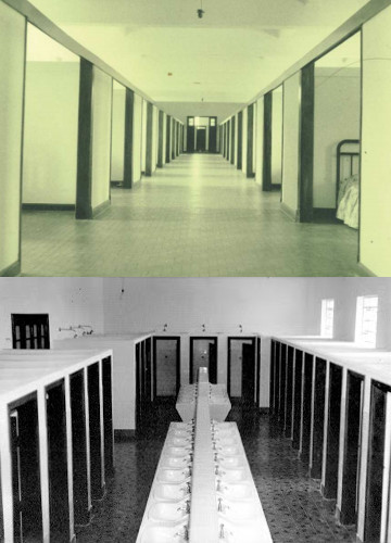 Dormitórios e banheiros. Fotos: Arquivo do Seminário de Filosofia - Arquidiocese de Campinas.