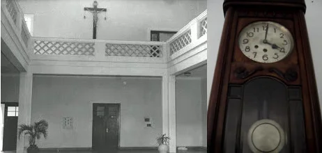 Hall e relógio de pêndulo. Fotos: Arquivo do Seminário de Filosofia - Arquidiocese de Campinas - e Arquivo ex-SIC.