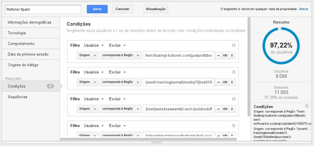 Edição de filtro em segmento no Google Analytics - note que foram excluídos quase 3% dos dados, referentes a spams