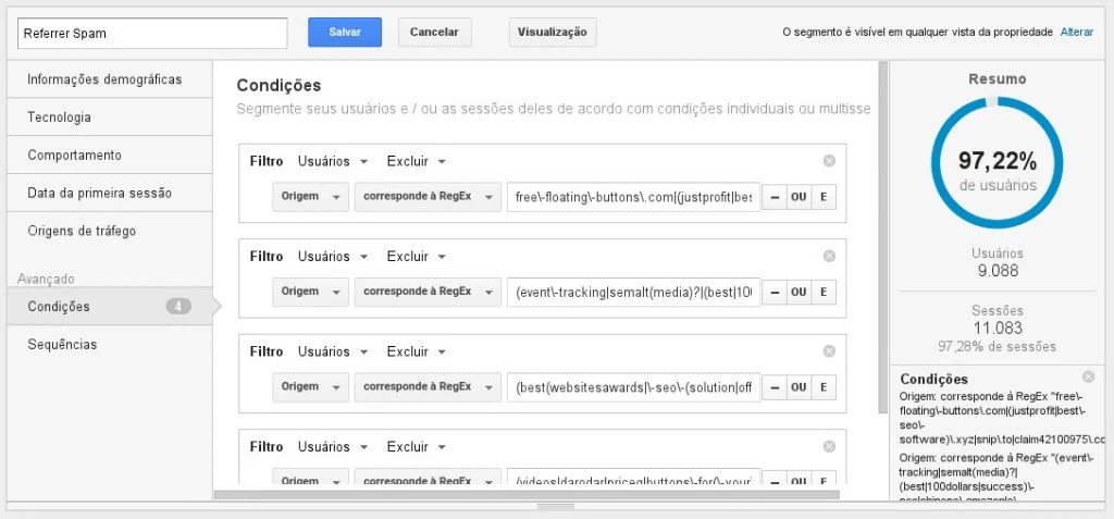 Edição de filtro em segmento no Google Analytics - note que foram excluídos quase 3% dos dados, referentes a spams