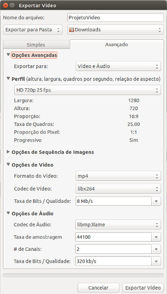 Configurações de exportação de vídeo do OpenShot - Perfil "Página Web" e destino "Youtube-HD" (usar o "Youtube" se não for HD, pra não ficar aquelas barras pretas)