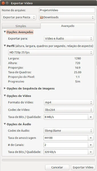 Configurações de exportação de vídeo do OpenShot - Perfil "Página Web" e destino "Youtube-HD" (usar o "Youtube" se não for HD, pra não ficar aquelas barras pretas)