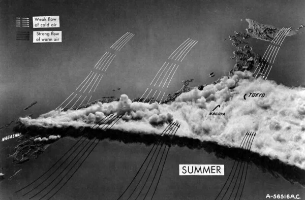 Mapa feito no início de 1945 com padrões climáticos de verão no Japão. Produzido pela USAAF’s IMPACT magazine via Fold3.com