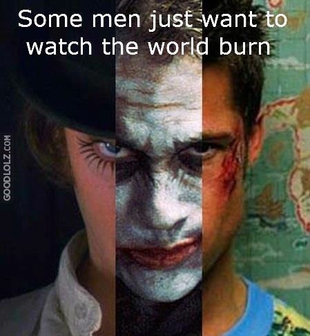 Frase do mordomo Alfred, do Batman, no filme "The Dark Night" sobre o vilão Coringa (referências também ao Alex (Laranja Mecânica) e ao Tyler Durden (Clube da Luta)
