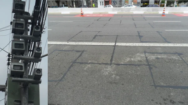 Câmeras e cortes no asfalto com bobinas (um conjunto para cada pista) em São Paulo/SP. Fotos: ViniRoger.