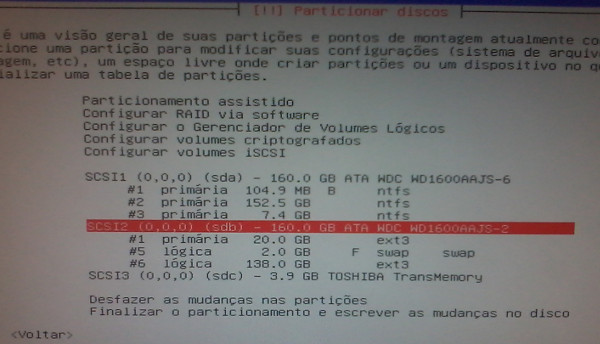 Exemplo de particionamento com a "/home" separada (sdb) mantendo partição com Windows (sda)