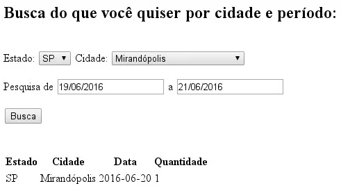 Tela de busca por estado/cidade e datas inicial/final, com resultado em tabela - sem CSS