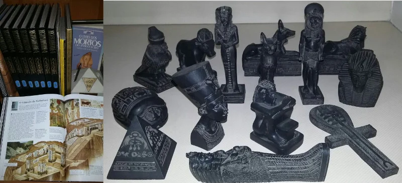 Exemplares encadernados e miniaturas da coleção Egitomania. Foto: ViniRoger