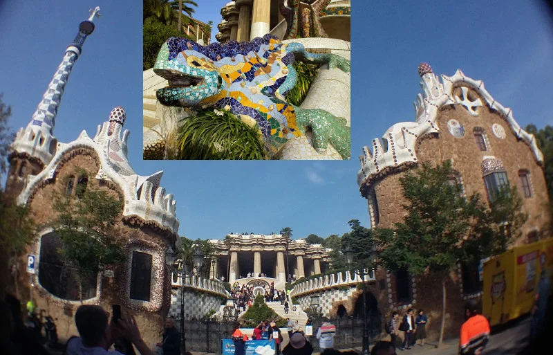 Entrada do Parc Guell e salamandra (fica no centro da entrada, atras de uma coluna, não dá pra ver por fora). Foto: VIniRoger