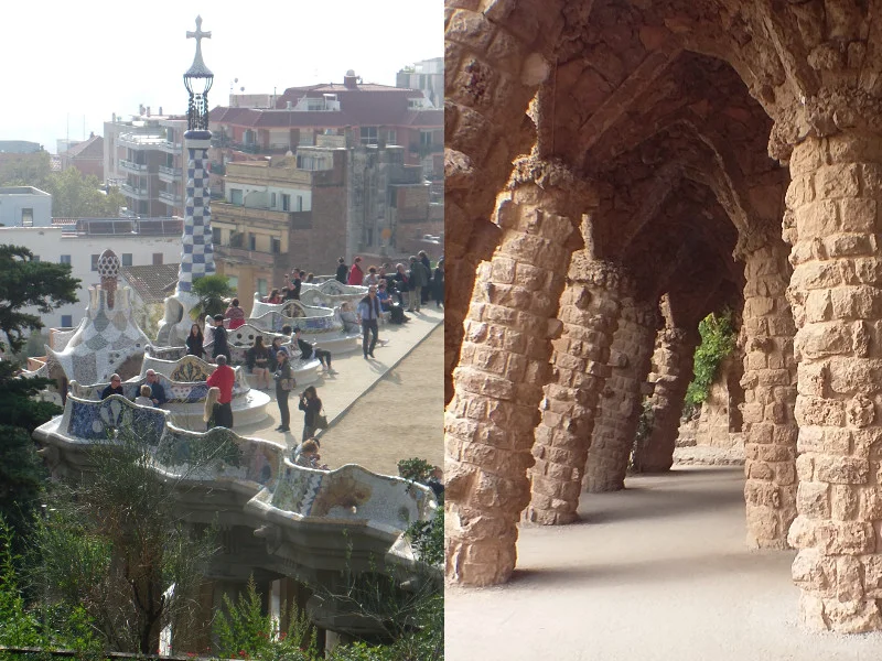 Laje do Parc Guell e colunas tortas de pedras. Fotos: ViniRoger