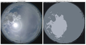 Imagem all sky original e segmentada em 3 cores